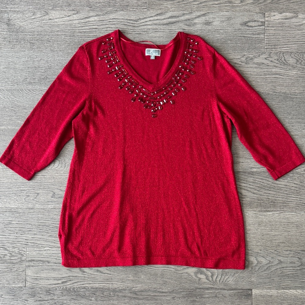 🌼JM COLLECTION🌼 Red Sparkly Embellished V-Neck Women's Top, Size 2X